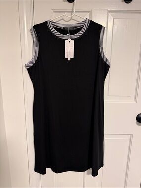 Black Sleeveless Mini Dress with Striped Trim Detail